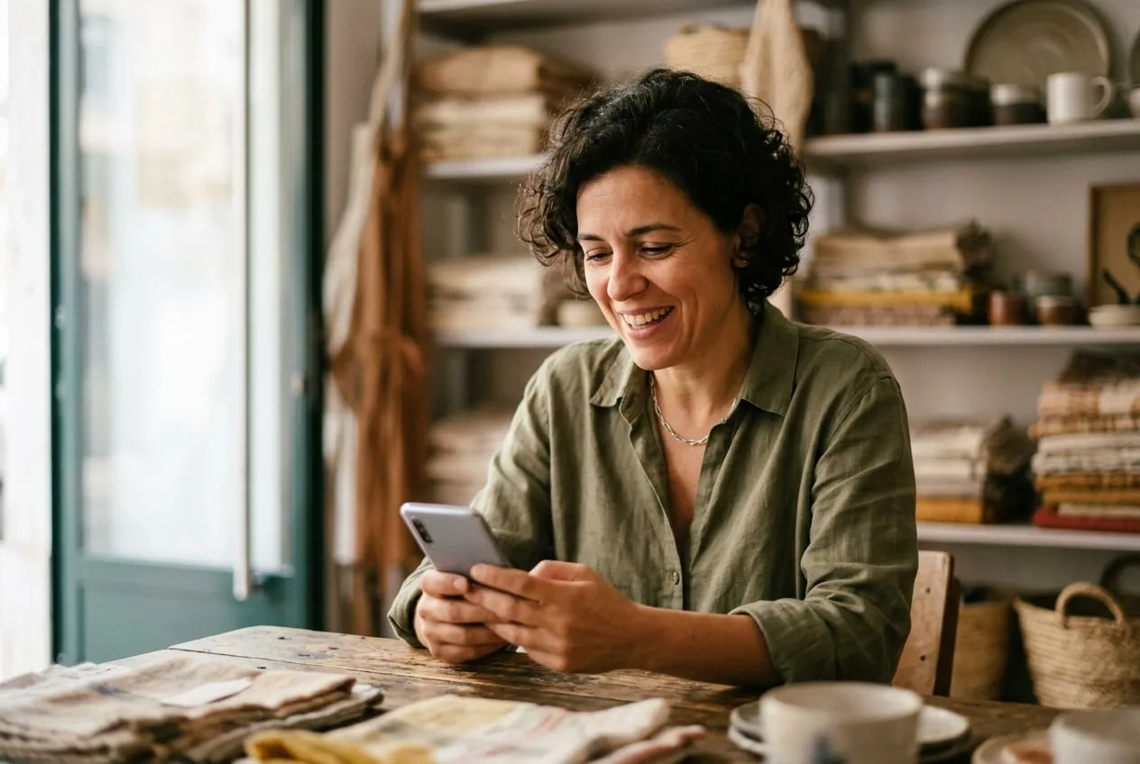 An enthusiastic small-business owner comparing OpenPhone alternatives on her phone