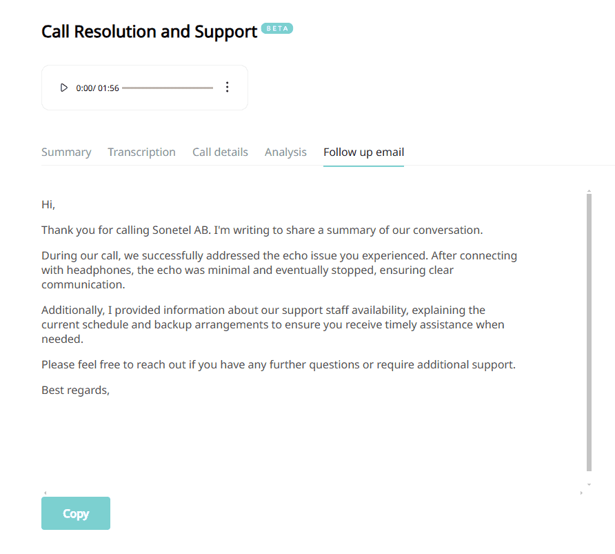 Une capture d'écran d'un e-mail de suivi généré par IA dans le cadre du service de résumés d'appels de Sonetel