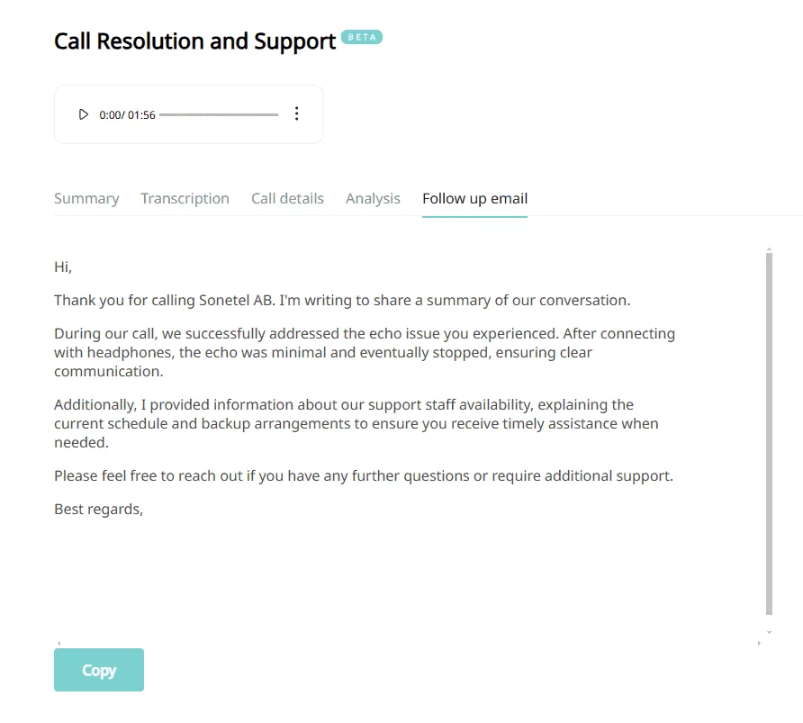 A screenshot of a AI-generated follow up email generated as part of the Sonetel call summaries service