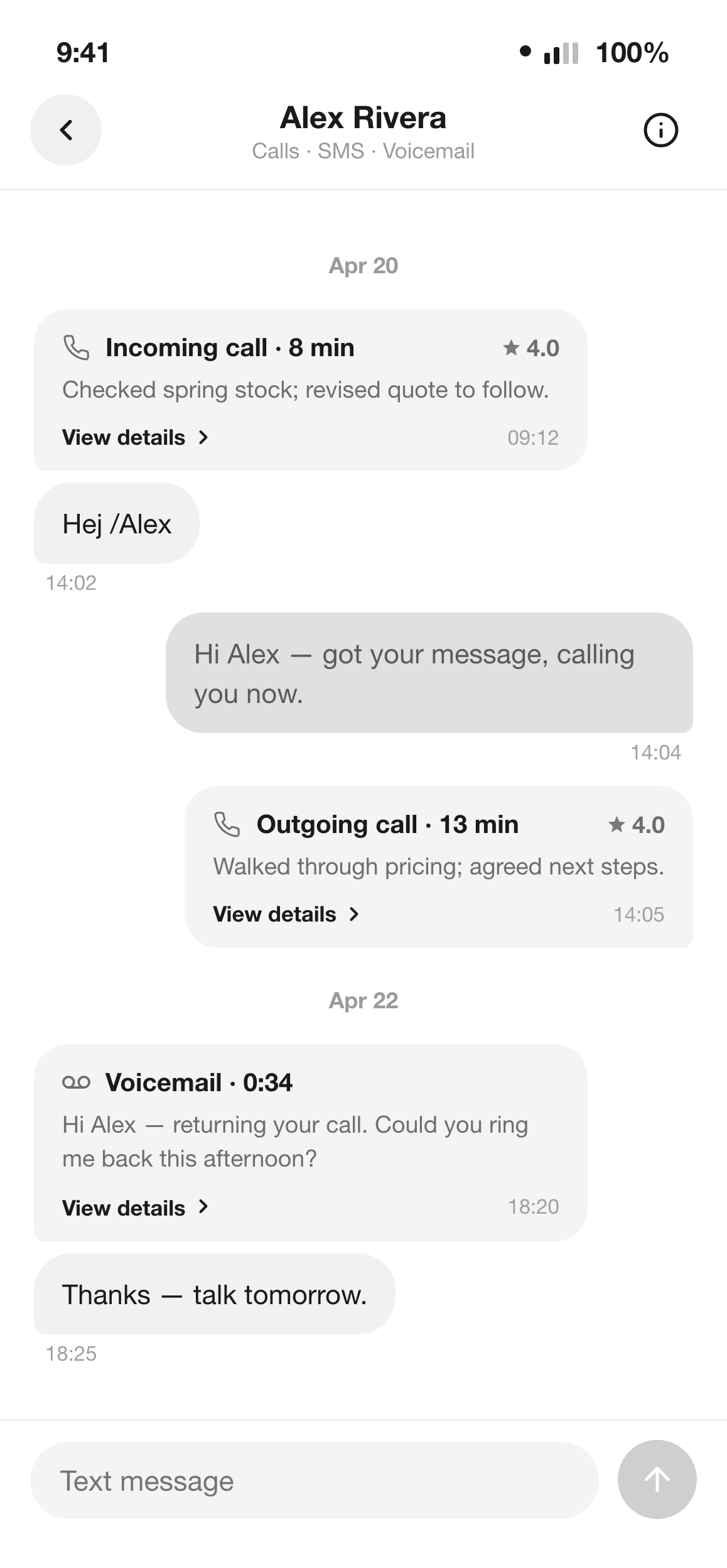 A aplicação Sonetel a mostrar uma conversa com um cliente — mensagens, chamadas e uma mensagem de voz em conjunto