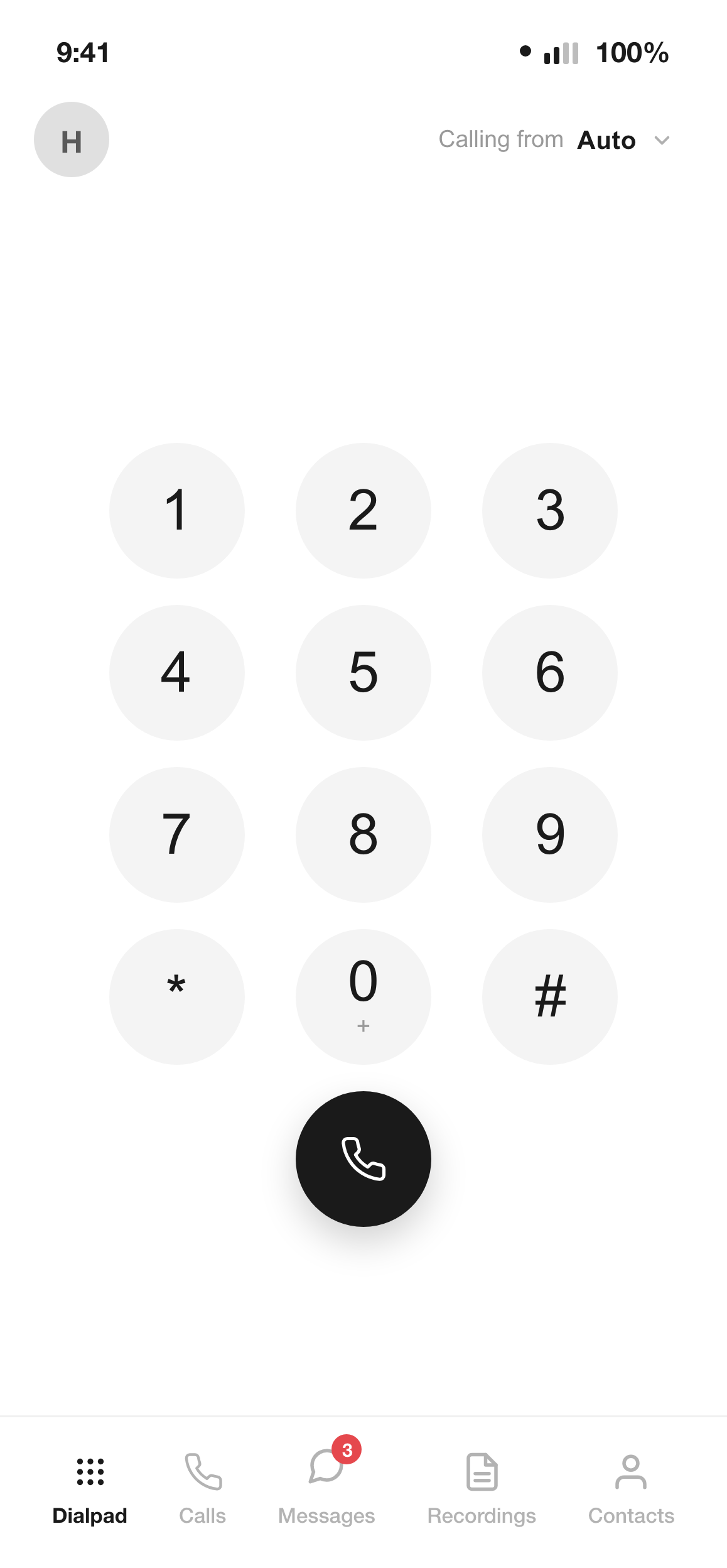 O teclado da aplicação Sonetel, pronto a ligar a partir do seu número empresarial