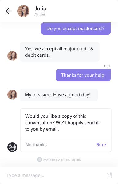 The chat widget offers the customer to get a copy of the chat