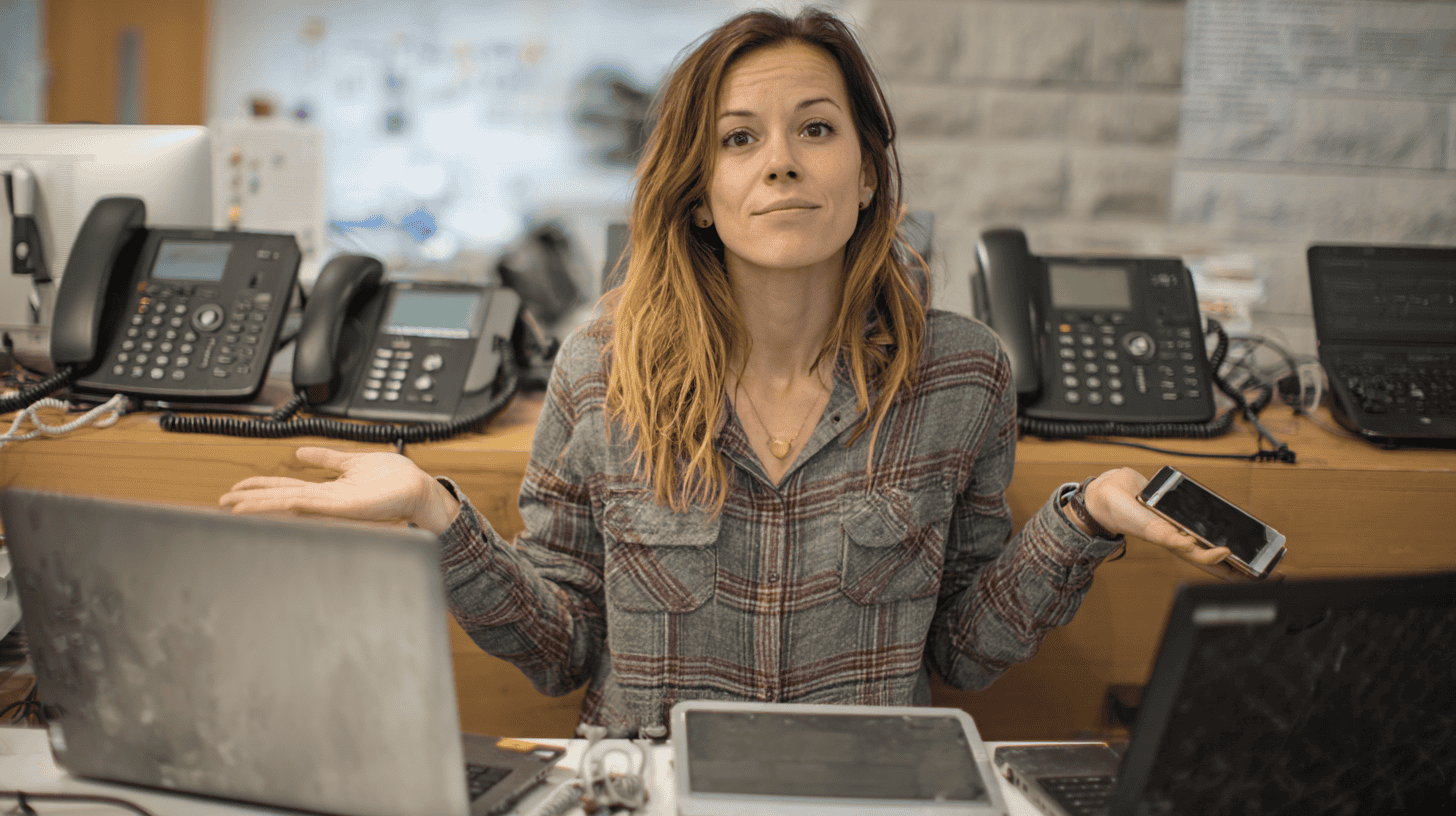 Female developer with many VoIP phones