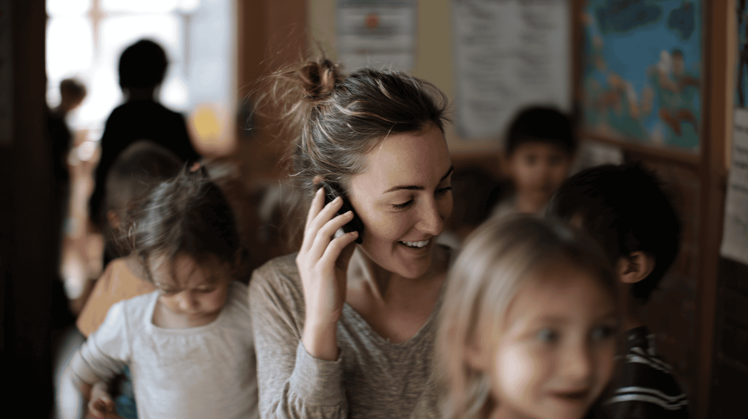 Daycare taker talking on the phone