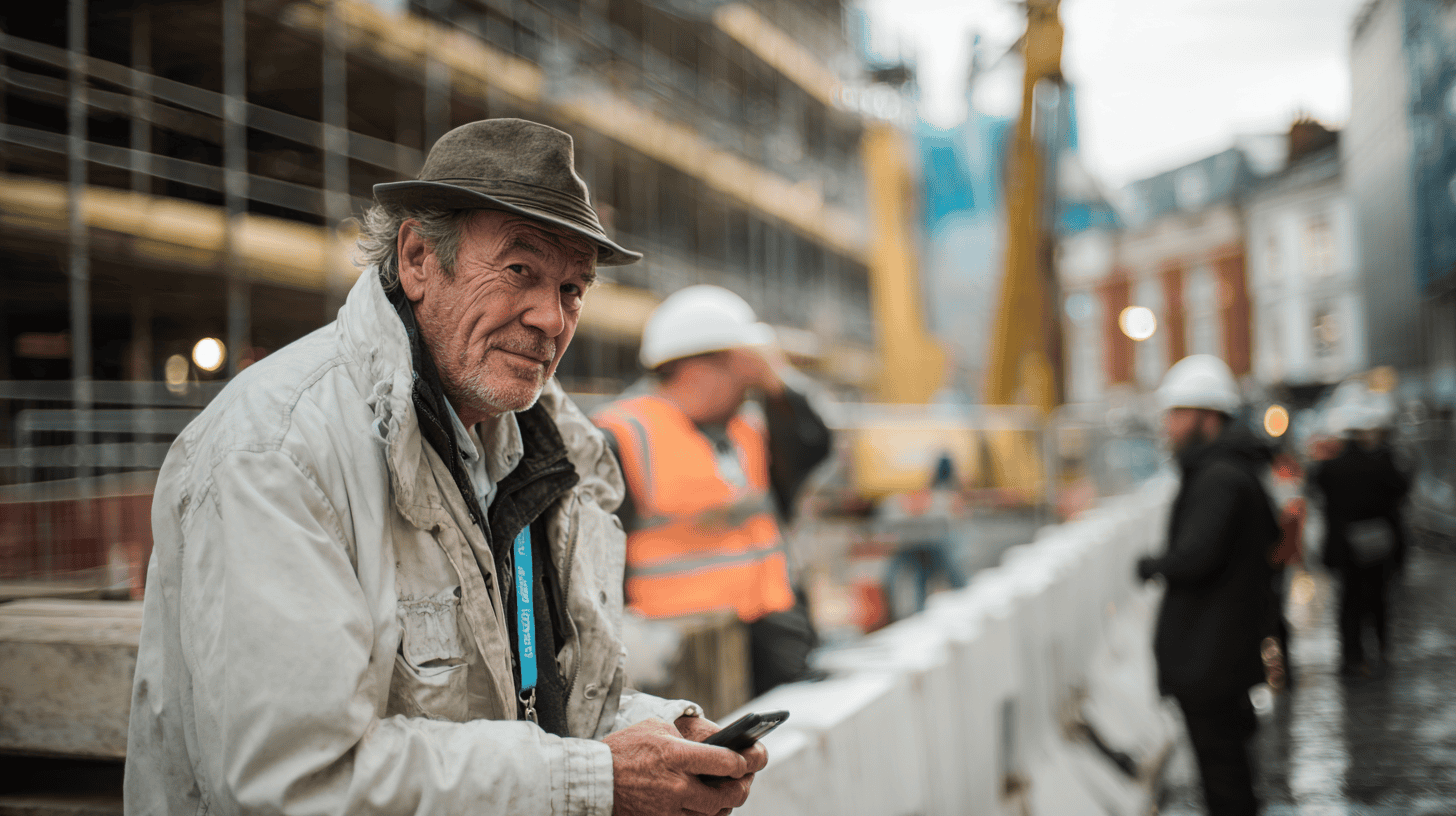 A British entrepreneur at a construction site holding a mobile phone