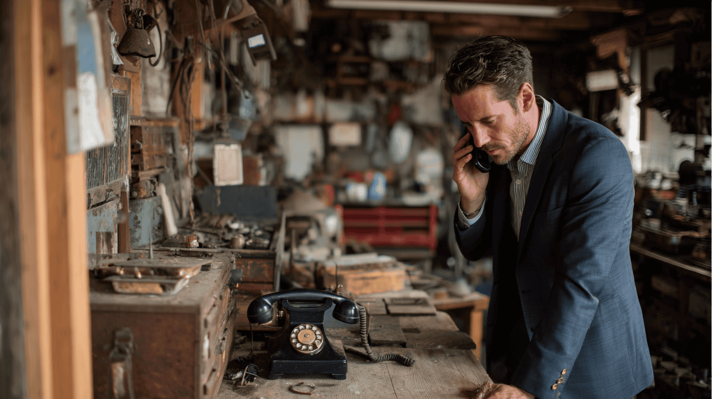 An entrepreneur seeing an old rotary dial phone