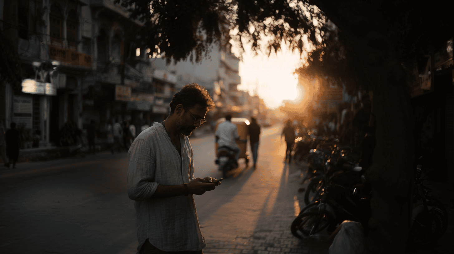 An entrepreneur in Hyderabad, India at sunset, holding a mobile phone
