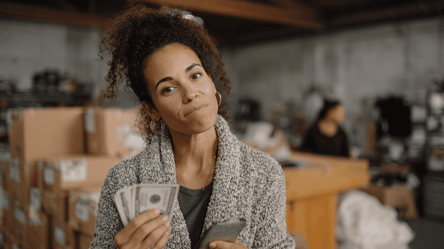 An American entrepreneur within E-commerce, holding money in one hand and a phone in the other hand