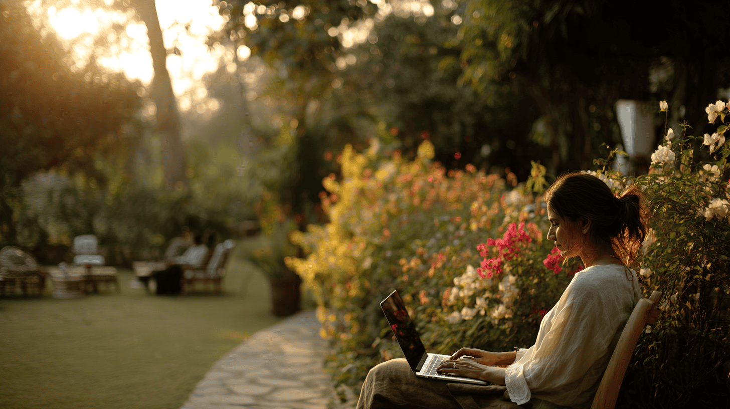 Indian CEO in her garden with a laptop