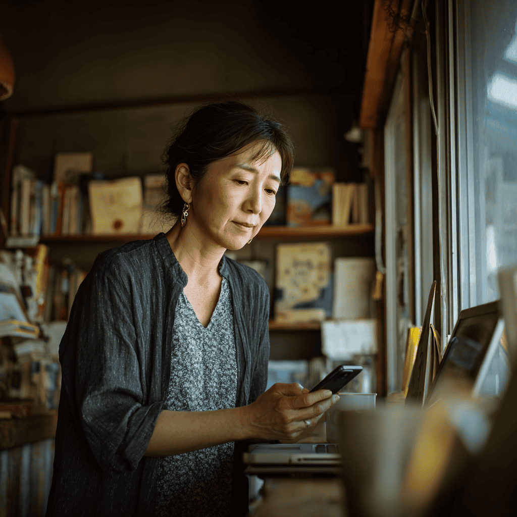 henrik67._A_Japanese_woman_in_her_40s_in_a_small_bookstore_ho_17a3b75e-5165-400b-96b3-e3591da1b1b7_0